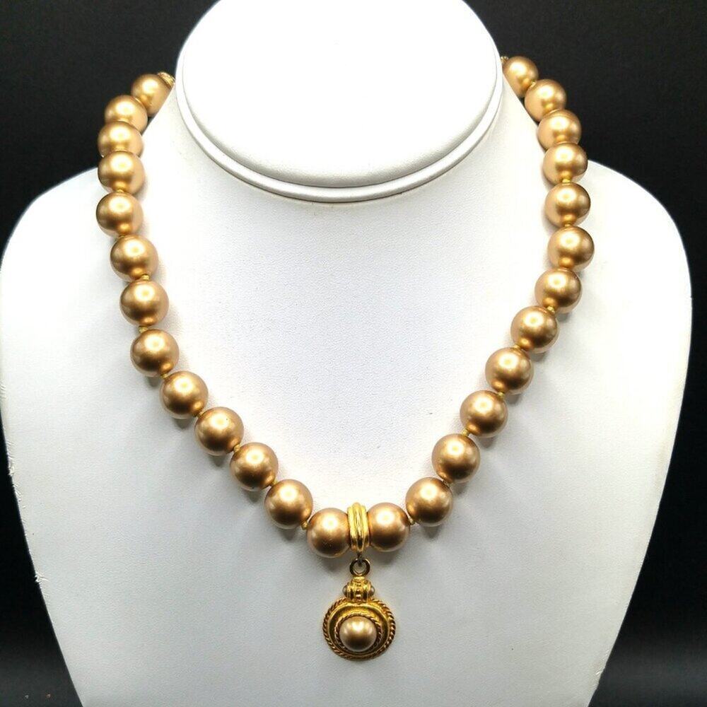 Vintage Gold Faux Pearl Necklace Pendant Hand Knotted Glass Beads 17 Inch